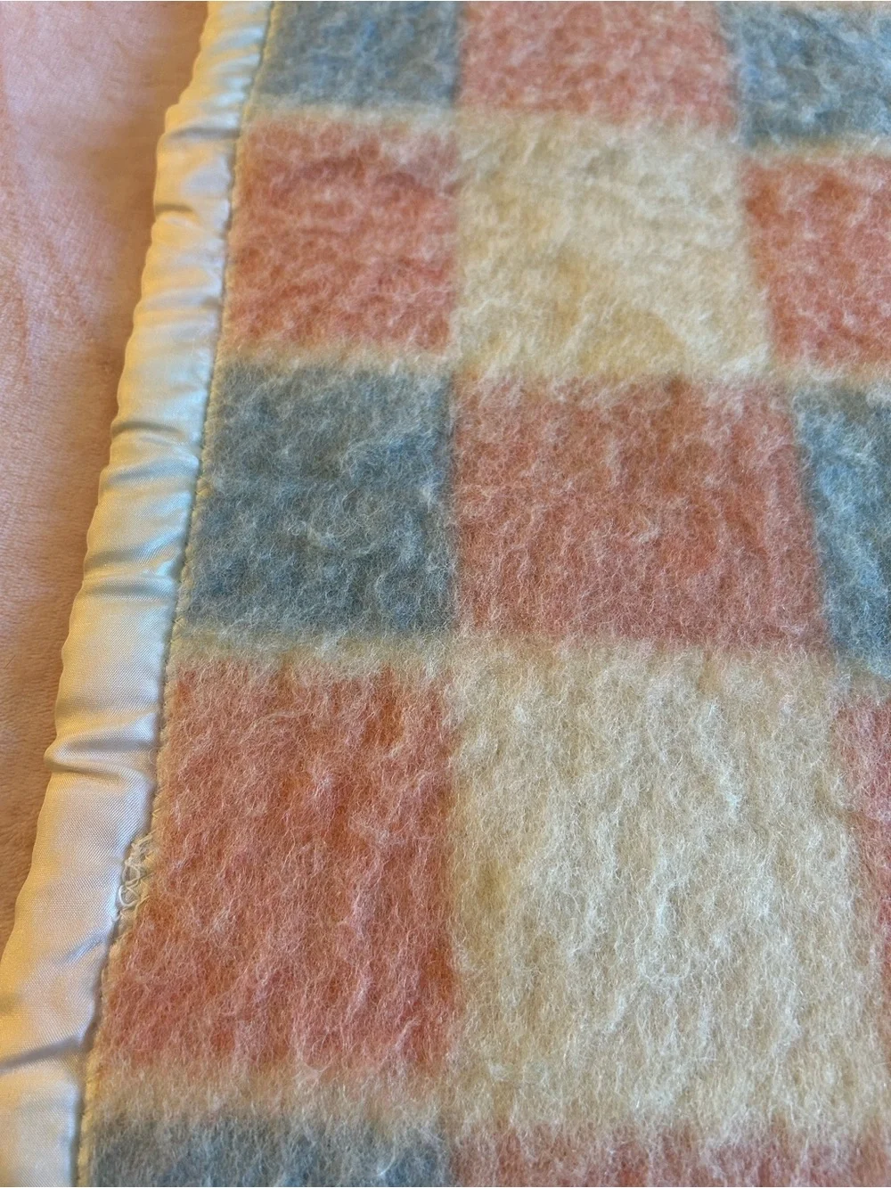 Vintage Van Wyk wool health blanket throw pink blue white satin trim 35X54